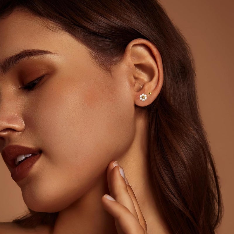 IMBOS Pearl Earrings 14k Gold Plated Daisy Flower Stud Earrings for Women Ball Stud Flat Back Earring Hypoallergenic Statement Earring Trendy Jewelry Gift for Women - Image 4